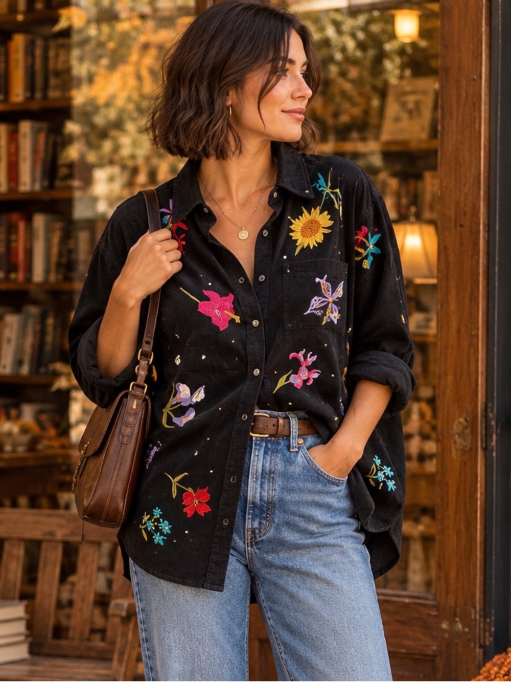 Quacker Factory 1X Black Corduroy Embroidered Wildflowers Button Down Shirt
